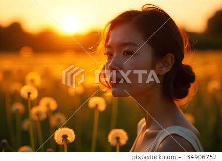 portrait of a beautiful young woman in sunset 134906752