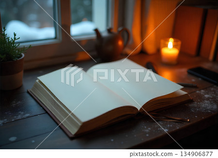 old book on a wooden table in the morning 134906877