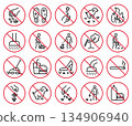 Black and red line lawn prohibitory vector icon set. Big collection of outline round crossed out pictograms for parks, gardens and farms. Classic linear prohibitive symbols 134906940