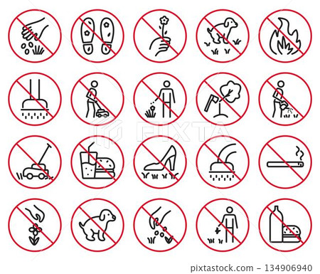 Black and red line lawn prohibitory vector icon set. Big collection of outline round crossed out pictograms for parks, gardens and farms. Classic linear prohibitive symbols 134906940