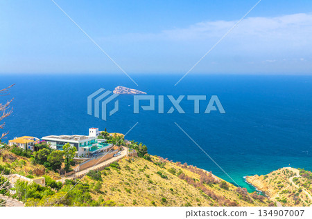 Aerial panoramic view of Mediterranean Sea, Isla de Benidorm Island Aerial panoramic view of Mediterranean Sea, Isla de Benidorm Island 134907007