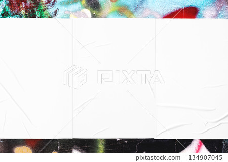 colorful urban wall texture with three wrinkled glued poster templates 134907045