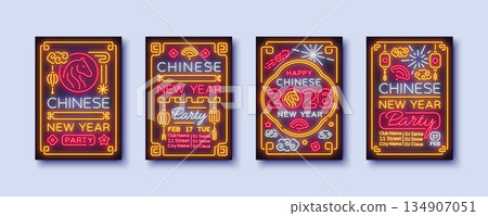 A vibrant set of neon Chinese New Year posters featuring glowing symbols, festive details. Bright designs create an energetic celebratory mood perfect for party promotions. 134907051