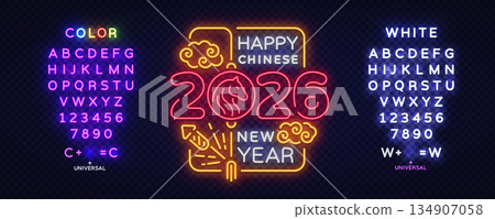 Vibrant neon artwork highlights the 2026 Chinese New Year with glowing lines and a bright horse emblem. The composition creates a festive mood full of color and soft light. 134907058