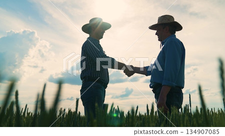 Partnership success in agriculture, Two farmers celebrate partnership, Business handshake in nature, Rural teamwork concept, Deal between agricultural entrepreneurs, Farm contract agreement 134907085