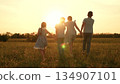 Happy children run towards sunset, girl boy holding hands run play, fun summer holidays, children recreation, childhood wonder moments, learning cooperation skills, sunset meadow walk, peaceful 134907101