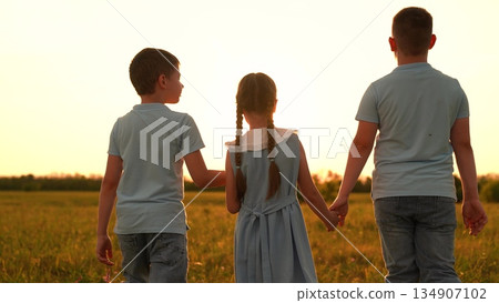 Happy children street, happy family, child kid playing game sunset, people working team, schoolchildren friends vacation, summer nature, parenting with love, kids summer vacation, childhood memories 134907102