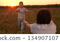 Mother son reunion sunset, Happy child running embrace parent, Family love nature dusk, Warm sunset hug meadow, Joyful boy with open arms, Mother waiting child embrace, Golden hour family moment 134907107