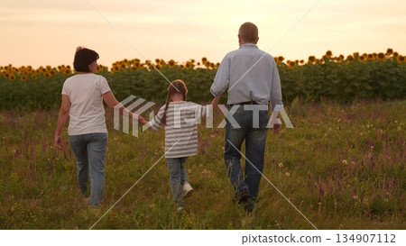 Family mother father man woman parent walking through field with child sunflowers at sunset, Happy family time girl child outdoors, Parents holding hands with child, Sunset walk in countryside in 134907112