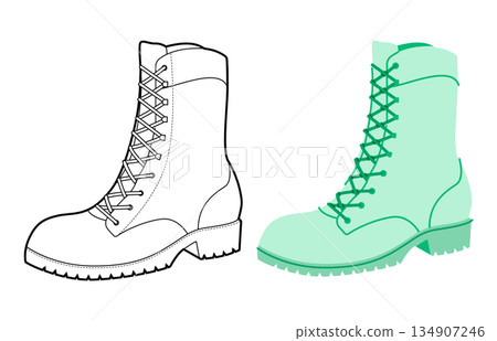 Green lace-up lug sole boot women flat plus line set. Chunky tread with front lacing mountain trip, nature lifestyle  134907246