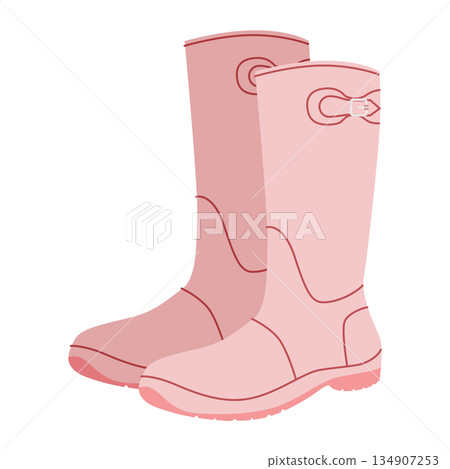 Pink buckle rubber rain boot women flat pair. Waterproof with side buckle for puddle jump, rainy monsoon. Technical Pink buckle rubber rain boot women flat pair. Waterproof with side buckle for puddle jump, rainy monsoon. Technical 134907253
