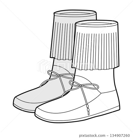 Lace-up fringed ankle boot women sketch pair. Fringe trim with side lacing for festival, casual style. Technical fashion Lace-up fringed ankle boot women sketch pair. Fringe trim with side lacing for festival, casual style. Technical fashion 134907260