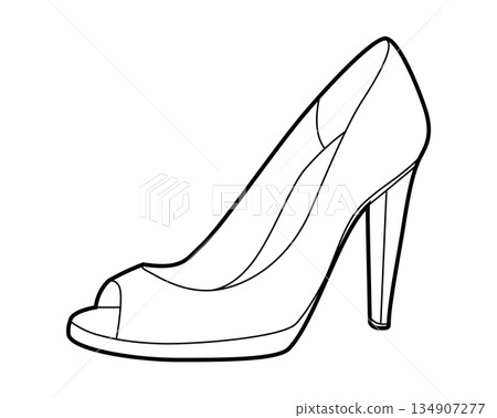 Peep toe pump women heel sketch. Open toe fashion dress footwear for party, wedding, summer event. Technical, Peep toe pump women heel sketch. Open toe fashion dress footwear for party, wedding, summer event. Technical, 134907277