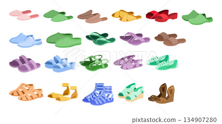 Sandal color pair set. Bright slide slippers, espadrille wedge cork flatform, fisherman gladiator huarache, slingback 134907280