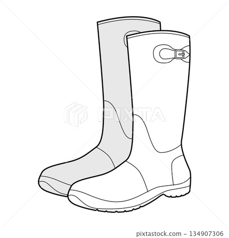 Buckle rubber rain boot women sketch pair. Waterproof with side buckle for rainy day, garden work activity. Technical  134907306