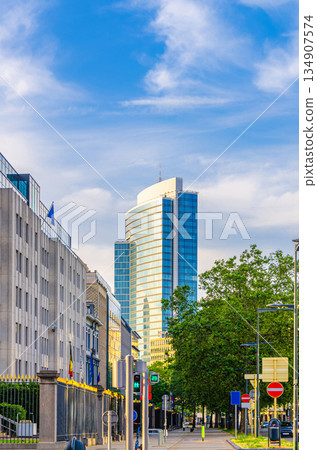 Madou Plaza Tower skyscraper European Commission building and street road in Brussels city historical centre, Belgium 134907574