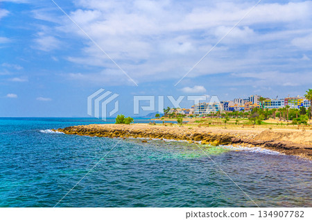 Coastline of Costa Blanca coast of Mediterranean Sea with Platja de la Mallaeta beach 134907782