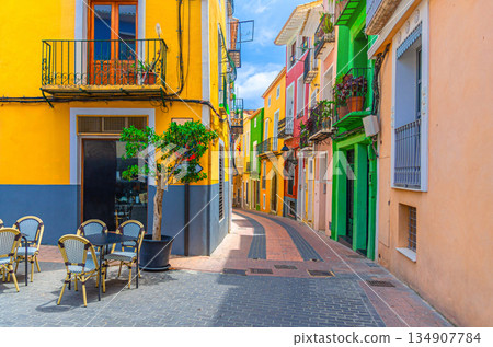 Villajoyosa old town small square Placa Castelar, narrow pedestrian street 134907784