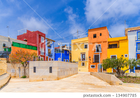 Typical colorful houses in Villajoyosa old town The Castle small quarter 134907785
