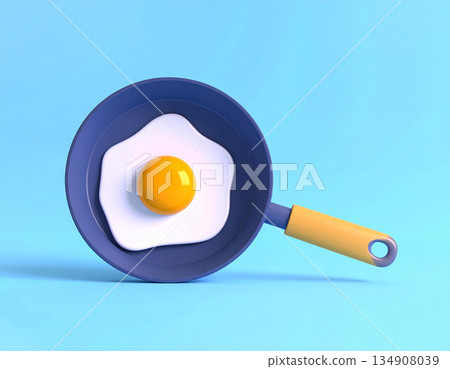 Kitchen still life. Frying pan with fried egg on blue background. Cooking concept. Top view. Kitchen still life. Frying pan with fried egg on blue background. Cooking concept. Top view. 134908039