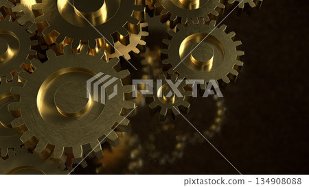 Golden Mechanical Gears Concept Representing Industry Engineering and Business Efficiency 3d render. 134908088