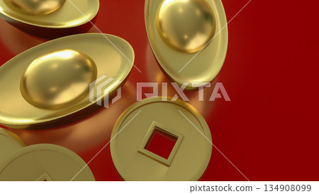 Luxury Golden Chinese Ingots and Coins on Red Background 3d render. Luxury Golden Chinese Ingots and Coins on Red Background 3d render. 134908099