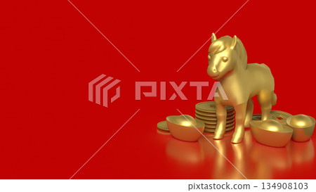 Golden Horse Statue with Chinese Gold Ingots on Red Background 3d render. Golden Horse Statue with Chinese Gold Ingots on Red Background 3d render. 134908103