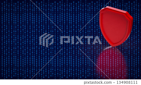 Red Cybersecurity Shield on Binary Data Background 3d render. 134908111