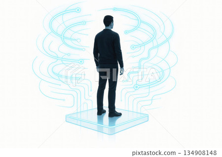 A person in the digital flow of data and technology. A person in the digital flow of data and technology. 134908148