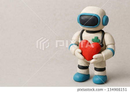 A medic robot made of plasticine with a red heart in his hands. Space for text. A medic robot made of plasticine with a red heart in his hands. Space for text. 134908151