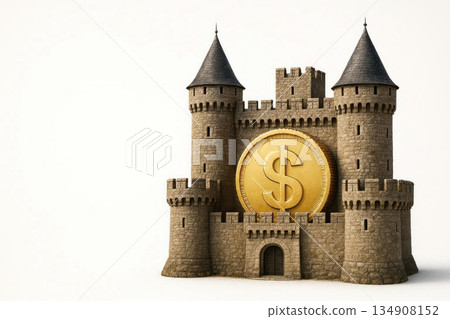 A stone castle with a gold coin and a dollar symbol, a metaphor for financial protection. Space for text. 134908152