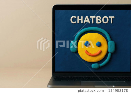 Smiling chatbot in plasticine headphones. Space for text. Smiling chatbot in plasticine headphones. Space for text. 134908178