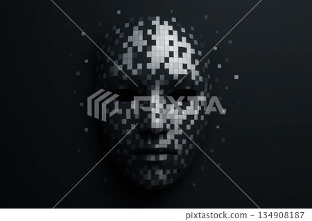 Pixel black and gray mask on a dark background. Space for text. Pixel black and gray mask on a dark background. Space for text. 134908187