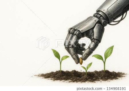 A robotic arm plants a seed next to young shoots. Space for text. A robotic arm plants a seed next to young shoots. Space for text. 134908191