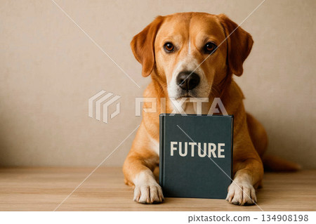 A dog holds a book with the inscription FUTURE and looks at the camera. Space for text. 134908198