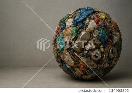 A ball of plastic debris and metal waste on a gray background. Space for text. A ball of plastic debris and metal waste on a gray background. Space for text. 134908205