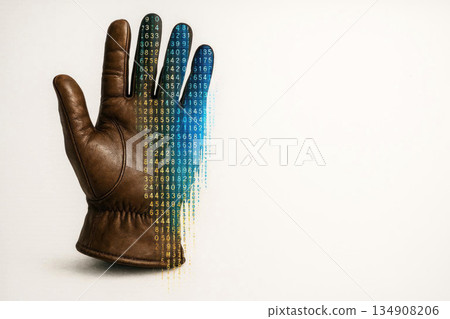 A leather glove that translates into digital code and pixels. Space for text. A leather glove that translates into digital code and pixels. Space for text. 134908206