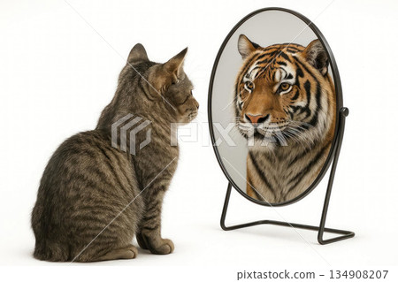 The cat looks in the mirror, in the reflection of a tiger. 134908207