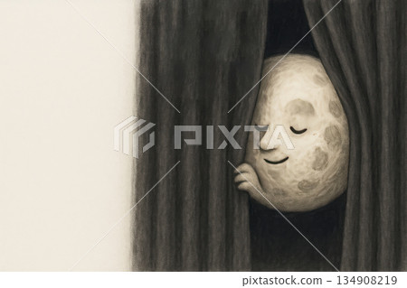 The moon peeks out from behind the theater curtain. Space for text. 134908219