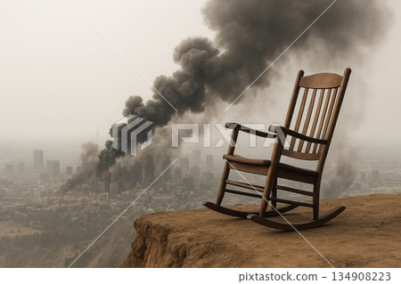 Photorealistic wooden rocking chair on the edge of a cliff with a smoking city in the distance. Space for text. Photorealistic wooden rocking chair on the edge of a cliff with a smoking city in the distance. Space for text. 134908223