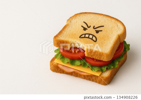 An angry sandwich with a face and a bite mark. Space for text. An angry sandwich with a face and a bite mark. Space for text. 134908226
