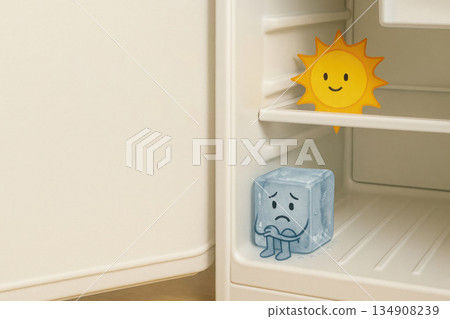 Sad ice cube next to smiling sun in fridge. Space for text. Sad ice cube next to smiling sun in fridge. Space for text. 134908239