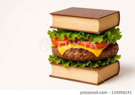 A burger made of books, cheese, vegetables and meat. Space for text. 134908241
