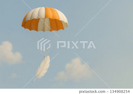 The fall of a light feather with a parachute. Space for text. 134908254