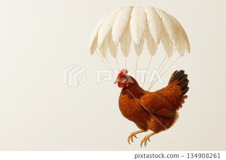 A chicken with a feather parachute on a light background. Space for text. 134908261