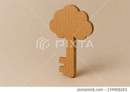 A cardboard key in the shape of a tree on a beige background. 134908263