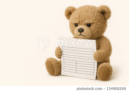 A serious teddy bear with a questionnaire in his paws. Space for text. A serious teddy bear with a questionnaire in his paws. Space for text. 134908269
