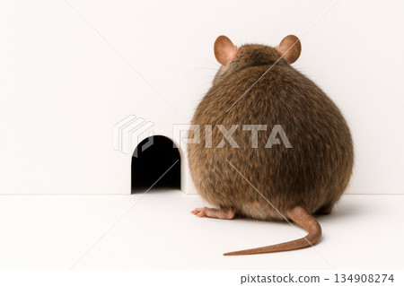 A fat large mouse sits in front of a small entrance to a burrow. Space for text. A fat large mouse sits in front of a small entrance to a burrow. Space for text. 134908274