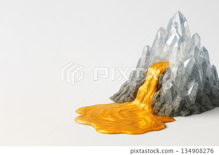 A photorealistic mountain crystalline peak with a golden flow of molten metal. Space for text. A photorealistic mountain crystalline peak with a golden flow of molten metal. Space for text. 134908276