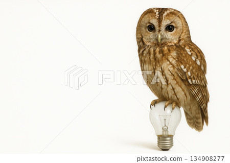 An owl sitting on a light bulb, symbolizing wisdom and ideas. Space for text. 134908277